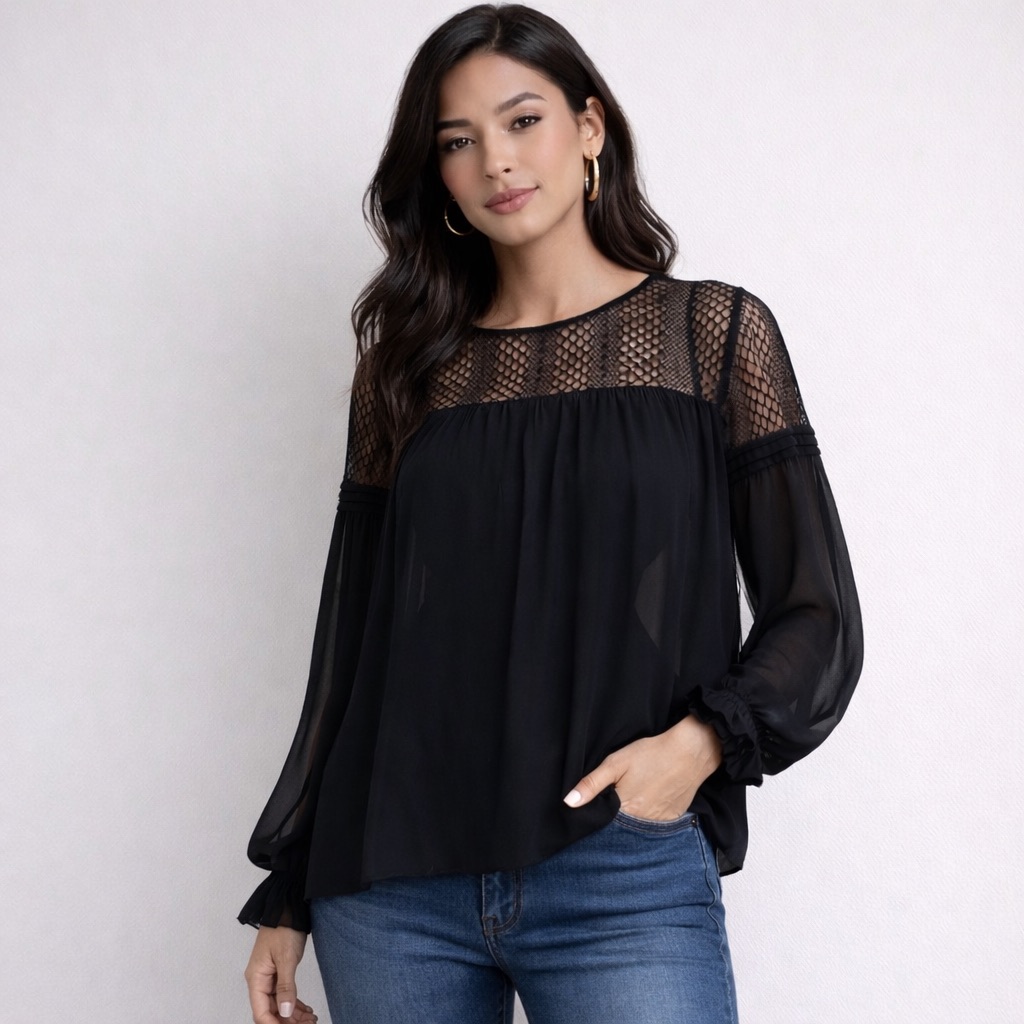 Parker Black Silk Lace Blouse M Sheer Yoke Boho Romantic Long Sleeve Top